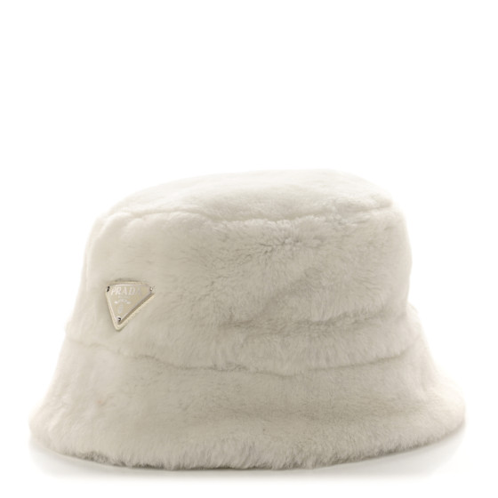 ハット Prada Shearling Hood White PRADA Shearling Metal Triangle Logo Womens Bucket Hat M