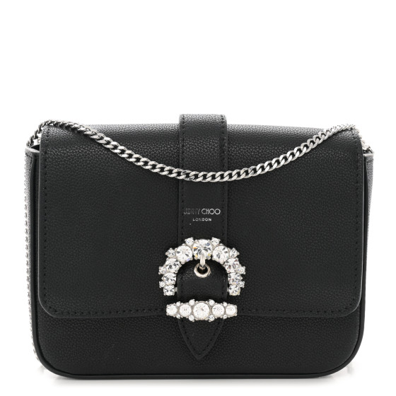 入荷わずか【JIMMY CHIOO CHERI CALF+CRYSTAL BAG/M】 JIMMY CHOO Calfskin Crystal Cheri Chain Crossbody Bag Black