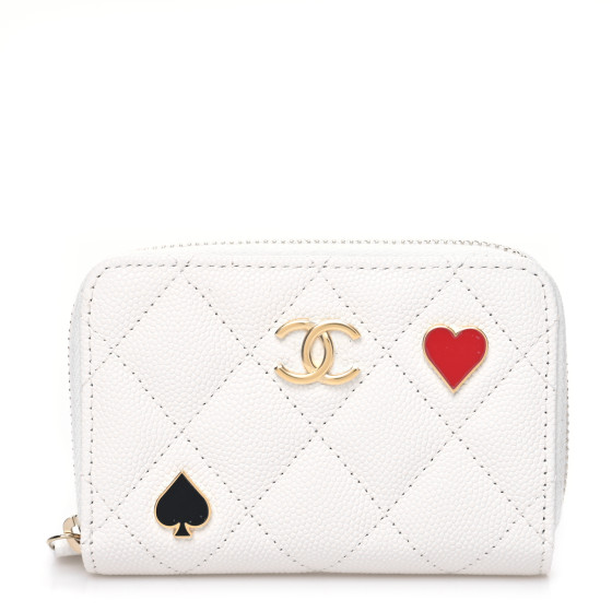 CHANEL Caviar Enamel Coco Casino Quilted Zip Coin Purse White