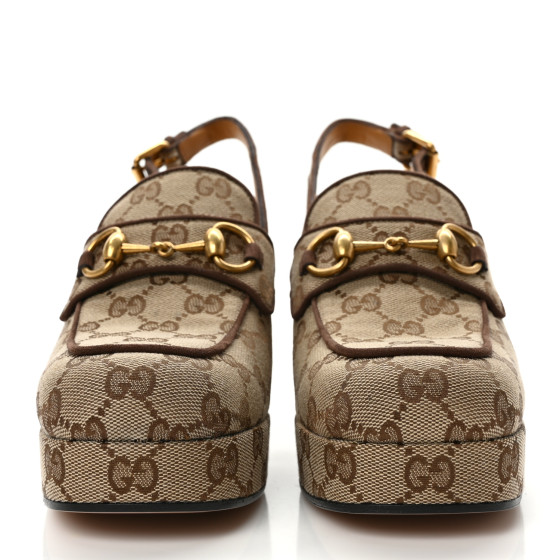 GUCCI Monogram Kid Scamosciato Horsebit Platform 25/85mm Slingback Mules 40 Beige Ebony New Acero