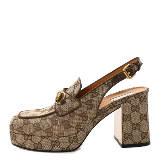 GUCCI Monogram Kid Scamosciato Horsebit Platform 25/85mm Slingback Mules 40 Beige Ebony New Acero