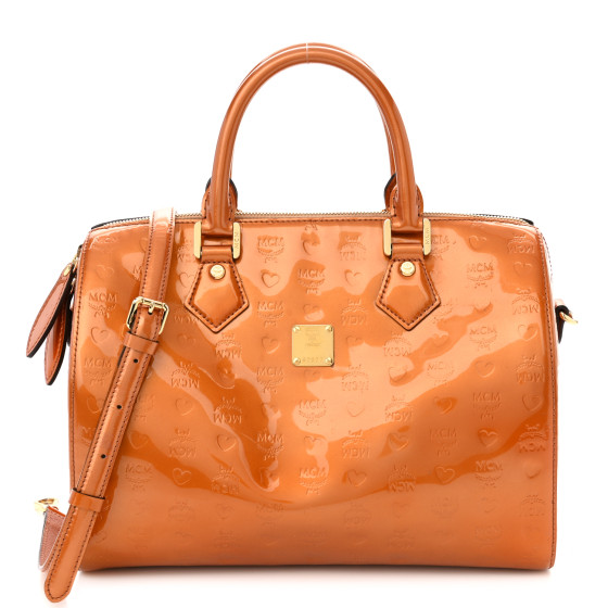 MCM Patent Monogram Boston Bag Bronze