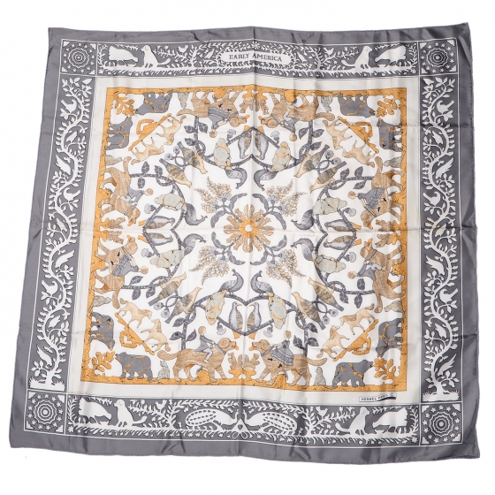 HERMES Silk Early America Scarf 90 Grey 64190 | FASHIONPHILE