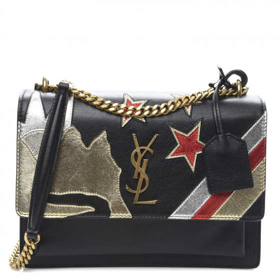 SAINT LAURENT Calfskin Rock Star Patchwork Medium Monogram Sunset Black