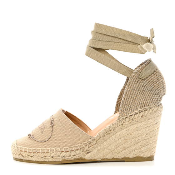PRADA Linen Logo Espadrille 90mm Wedge Sandals 36 1192516