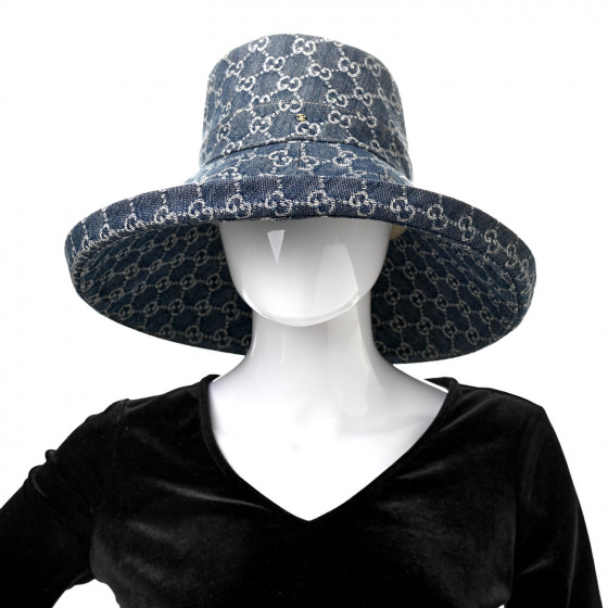 GUCCI Eco Washed Denim GG Monogram Brim Hat L Blue Ivory