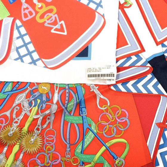 HERMES Silk Bouquets Sellier Scarf 90 White Rouge Bleu