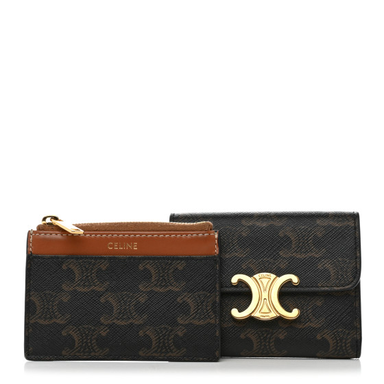 ★Celine★Triomphe Coin Compact Wallet★TAN Celine Triomphe Compact Wallet With Coin Dark Tan Beige