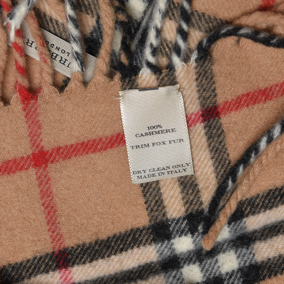 BURBERRY Cashmere Fox Fur Check Pom Pom Scarf 458570