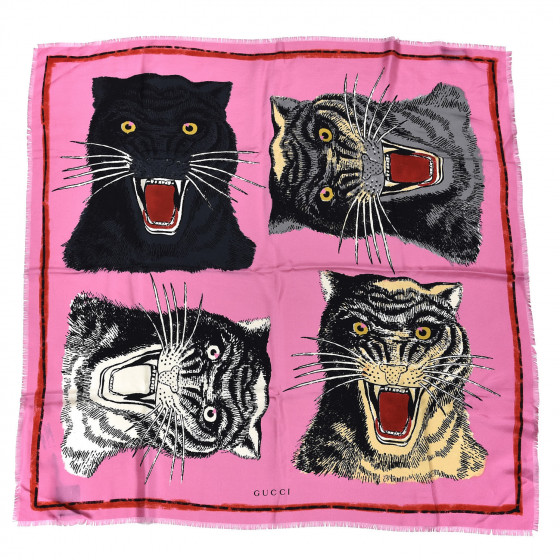 GUCCI Silk Tiger Face Print Square Scarf Pink 379208