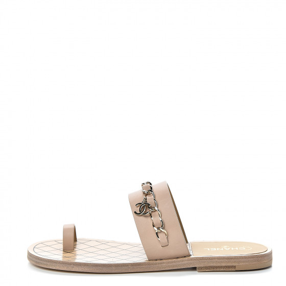 CHANEL Calfskin Chain CC Logo Toe Ring Sandals 36 Beige