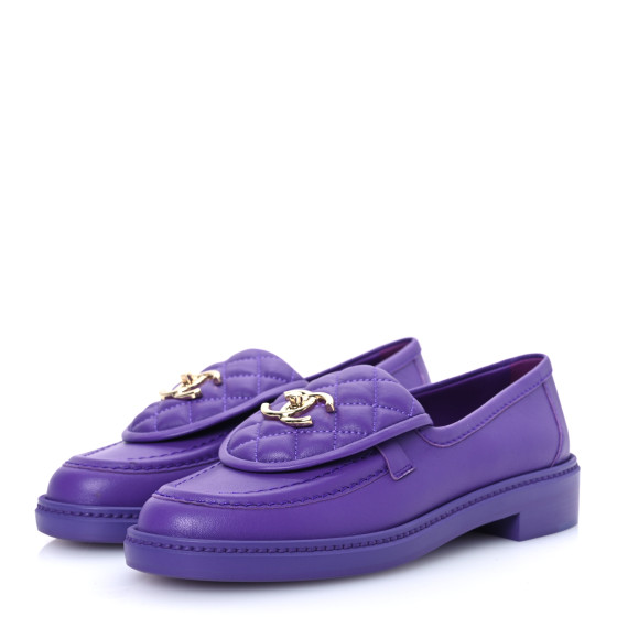 CHANEL Lambskin Quilted CC Turnlock Loafers 37 Purple