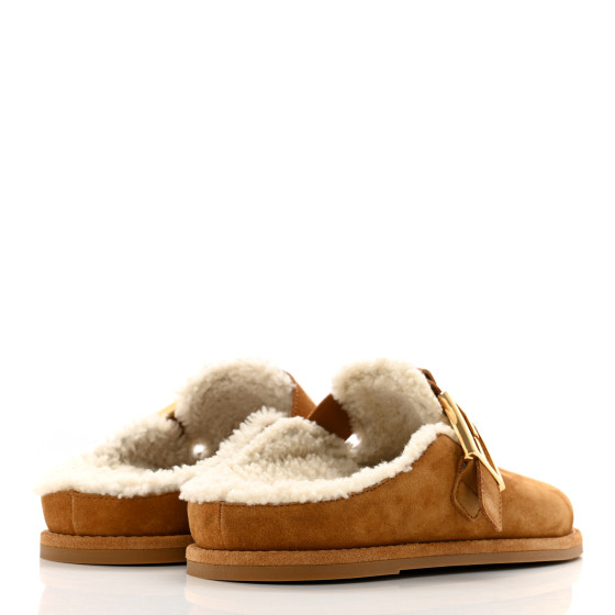 FENDI ロゴバックル　スウェード　パンプス　茶　太ヒール FENDI Suede Shearling Fendi Feel Buckled Clogs 36 Caramel