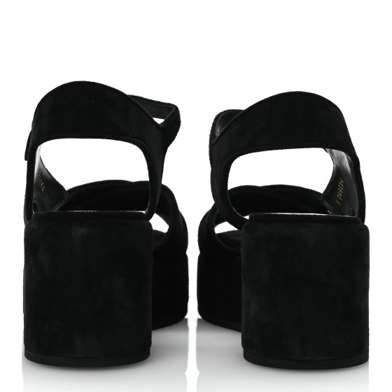 CHANEL Suede Calfskin Peep Toe Wedge Sandals 40.5 Black