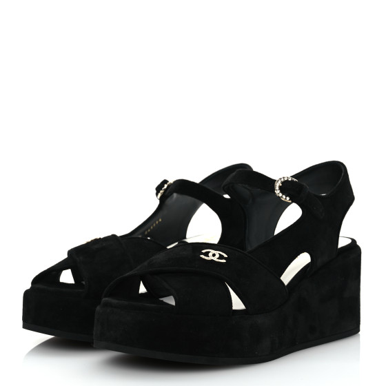 CHANEL Suede Calfskin Peep Toe Wedge Sandals 40.5 Black