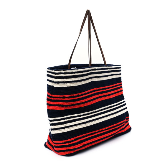 MIU MIU Fabric Crochet Striped Tote Bag Blue Red White