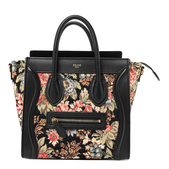 CELINE Calfskin Lambskin Canvas Jacquard Floral Nano Luggage Black
