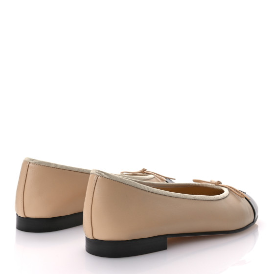 CHANEL Lambskin Cap Toe CC Ballerina Flats 38.5 Beige Black