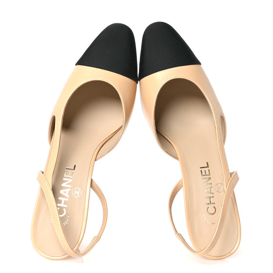 CHANEL Goatskin Grosgrain Cap Toe CC Slingback Pumps 38.5