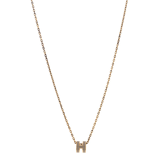 ★Hermes★(W) Mini Pop H Pendant★Palladium & Marron Glace HERMES Lacquered Gold Mini Pop H Pendant Necklace Marron