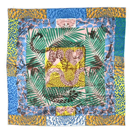 HERMES Silk Vintage Jungle Love au Tampon Scarf 70 Blue