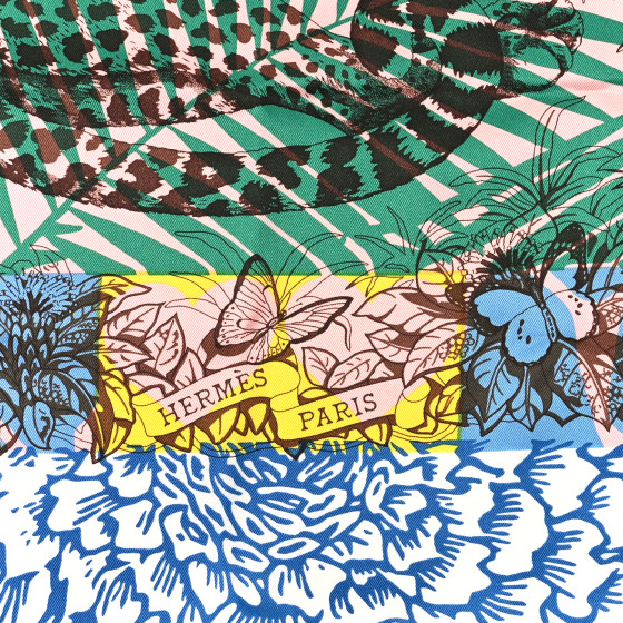 HERMES Silk Vintage Jungle Love au Tampon Scarf 70 Blue