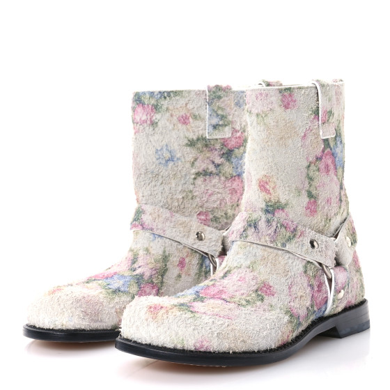 LOEWE Brushed Suede Campo Floral Biker Boots 37 White