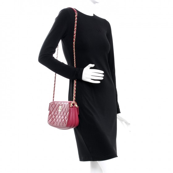 CHANEL Patent Quilted Crown CC Double Zip Bag Dark Pink