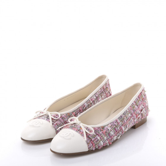 CHANEL Tweed Calfskin Cap Toe Ballerina Flats 40.5 Pink