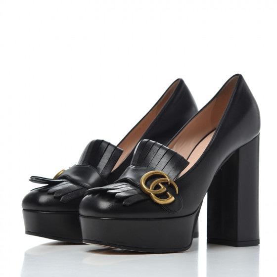 GUCCI Malaga Kid GG Marmont Fringe Platform High Heel Loafer