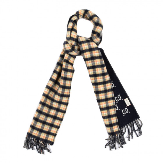 GUCCI Wool GG Monogram Plaid Rise Reversible Fringe Scarf