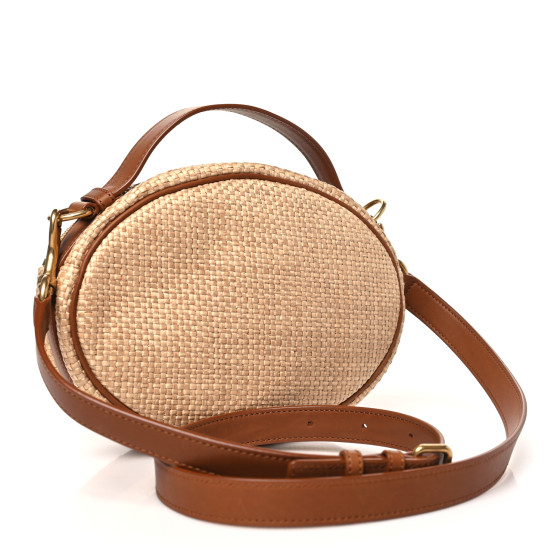 SAINT LAURENT Raffia Calfskin Round Camera Bag Golden Ecru