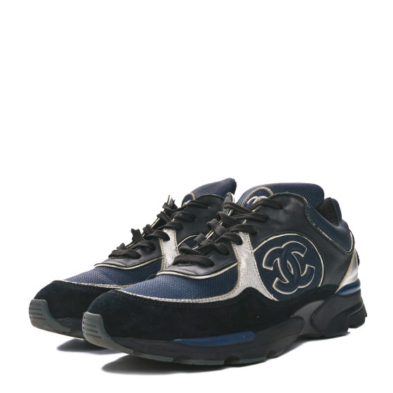 shbb_1122 クリスタル変更 01 Black Chanliade CHANEL Mesh Suede Calfskin Womens CC Sneakers 36 Dark Blue