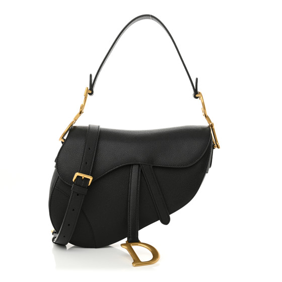 CHRISTIAN DIOR Grained Calfskin Saddle Bag With Strap Black