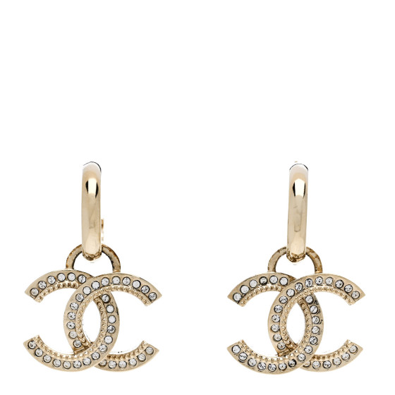 CHANEL 金 20K ピアス CHANEL Metal Crystal Studded CC Hoop Drop Earrings Gold
