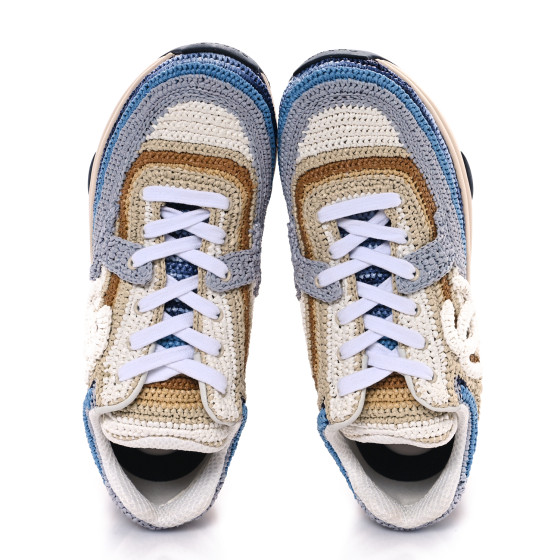 CHANEL Braided Raffia Womens CC Sneakers 40 Blue Beige