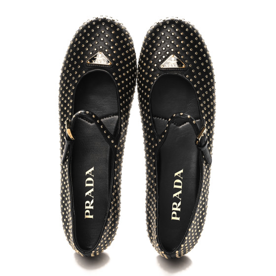 PRADA Nappa Studded Metal Triangle Logo Ballet Flats 37