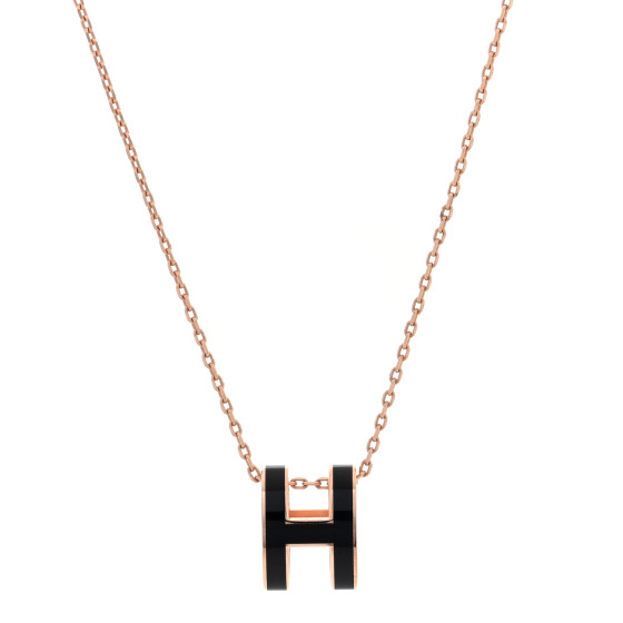 HERMES Lacquered Rose Gold Pop H Pendant Necklace Black