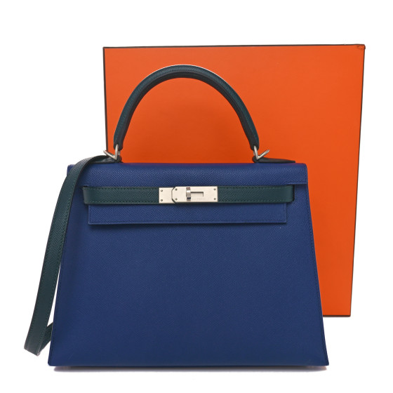 HERMES Epsom Horseshoe Kelly Sellier 28 Bleu Saphir Vert