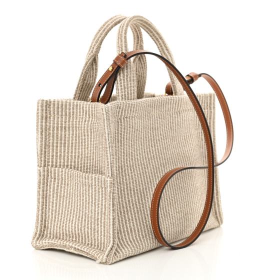 CELINE Canvas Calfskin Striped Triomphe Small Cabas Beige