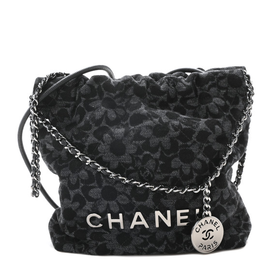 CHANEL Denim Quilted Floral Print Mini Chanel 22 Black Grey