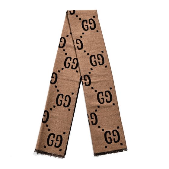 Gucci★素敵！Brown Beige Monogram GG Logo Long Scarf GUCCI Wool Silk Monogram Jumbo GG Freedom Scarf Dark Brown