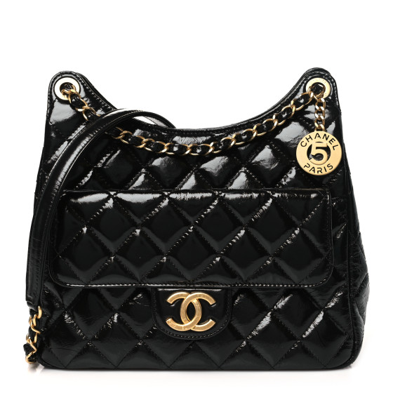 CHANEL Shiny Crumpled Calfskin Quilted Wavy CC Hobo Black