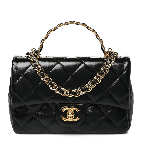 CHANEL Shiny Lambskin Quilted Golden Links Top Handle Flap