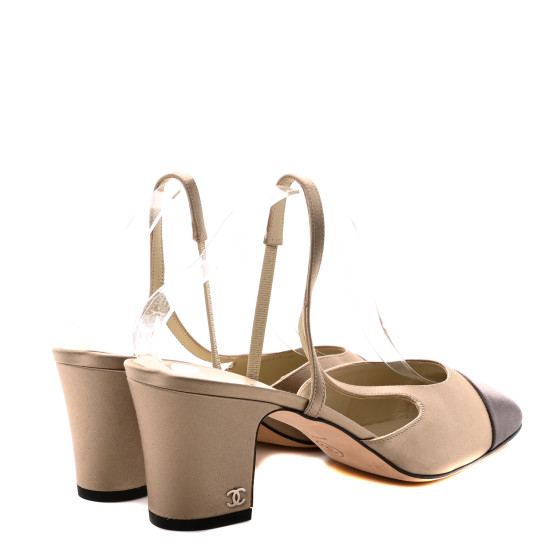 その他 Silk CHANEL Satin Cap Toe CC Slingback Pumps 41 Beige Grey