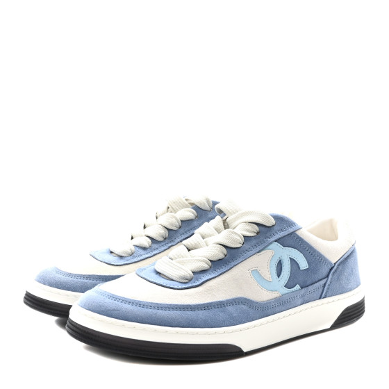 誕生日プレゼント Womens Kidskin Suede CHANEL CC Blue White 37.5 Sneakers 靴
