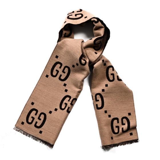 Gucci★素敵！Brown Beige Monogram GG Logo Long Scarf GUCCI Wool Silk Monogram Jumbo GG Freedom Scarf Dark Brown