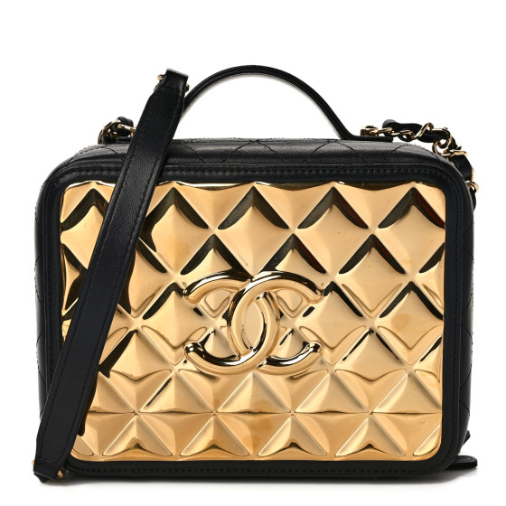 CHANEL ★ Mini Lambskin Golden Plate Vanity Black CHANEL Lambskin Metal Quilted Golden Plate Vanity Case Black