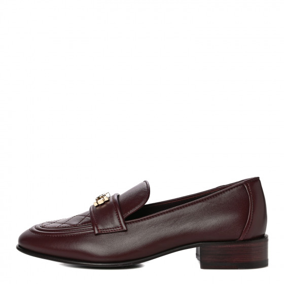 CHANEL Lambskin Quilted Womens CC Loafers 38.5 Burgundy