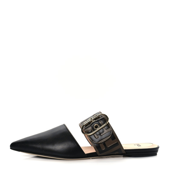 FENDI Vitello FF Embossed Buckle Flat Mules 35.5 Maya Black